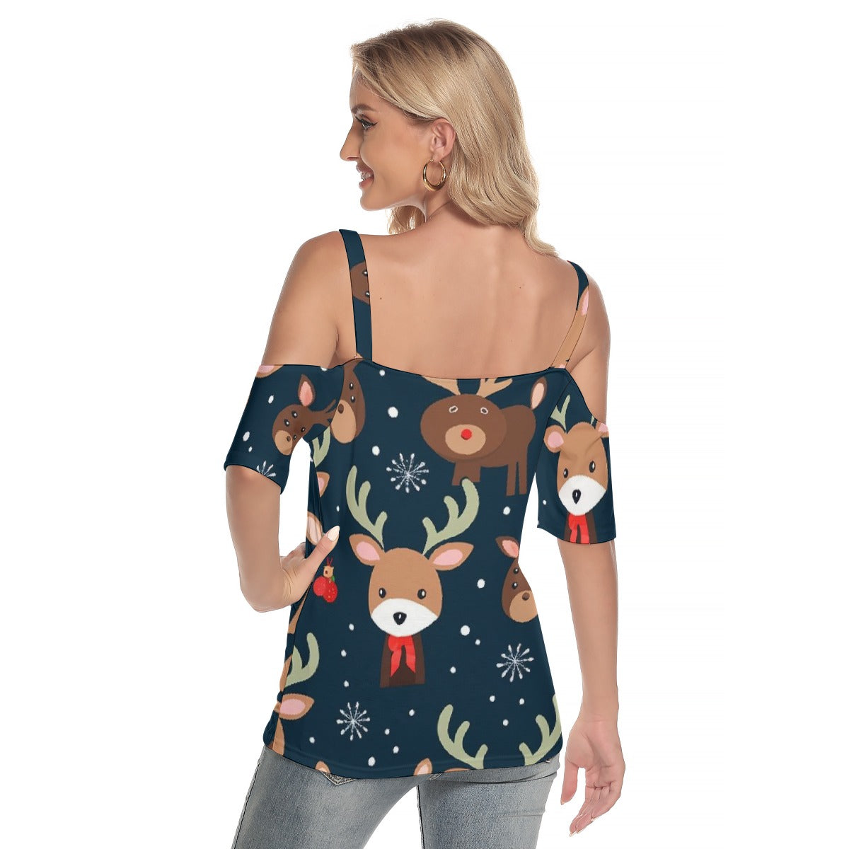 All-Over Print Women's Cold Shoulder T-shirt With Criss Cross Strips