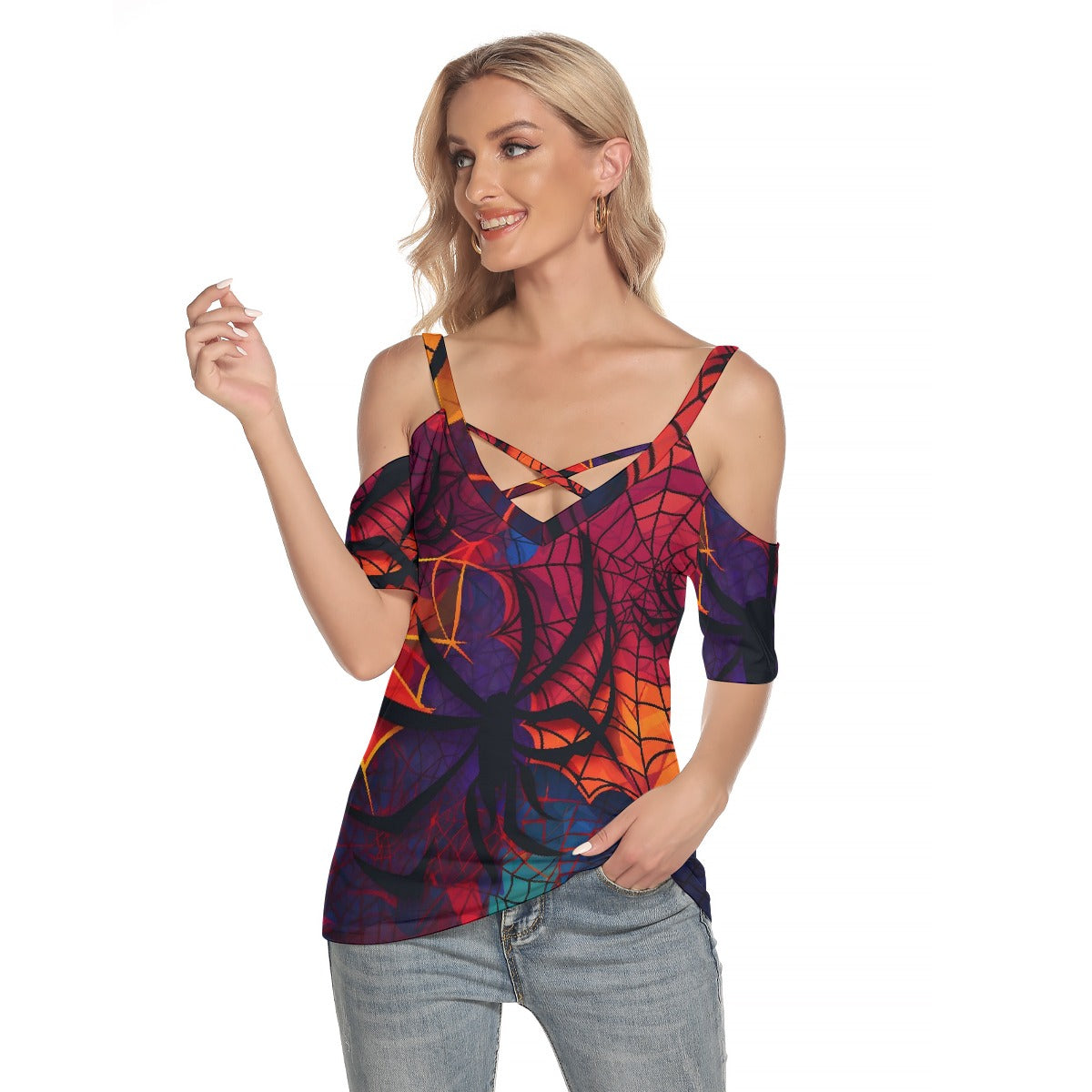 All-Over Print Women's Cold Shoulder T-shirt With Criss Cross Strips