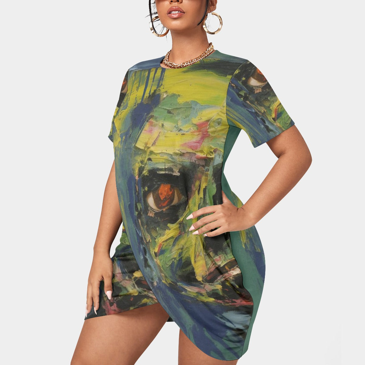 All-Over Print Women’s Stacked Hem Dress With Short Sleeve（Plus Size）