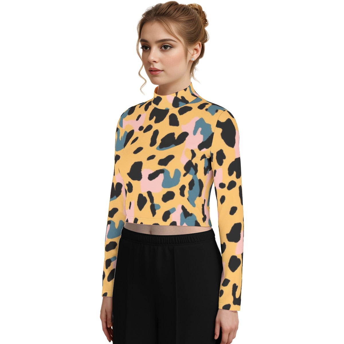 Eco-Friendly All-Over Print Women's Turtleneck T-shirt With Long Sleeve