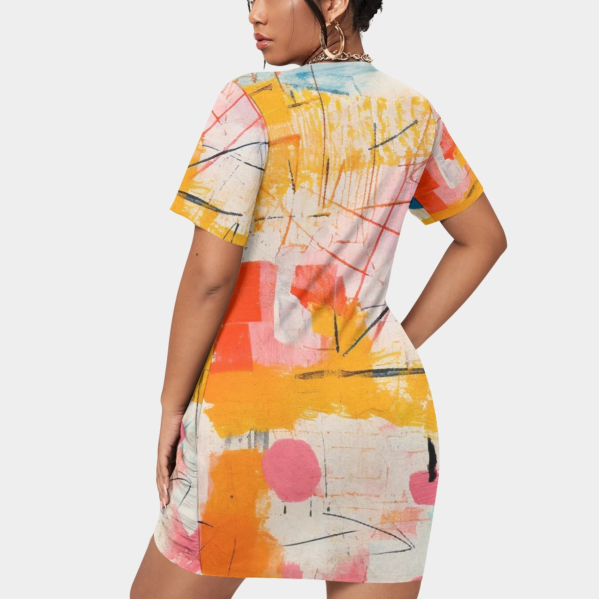 All-Over Print Women’s Stacked Hem Dress With Short Sleeve（Plus Size）