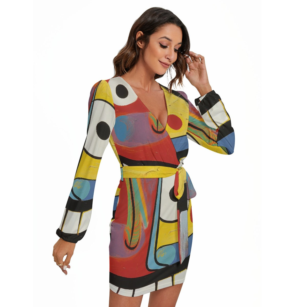 All-Over Print Women's Long Sleeve Dress With Waist Belt