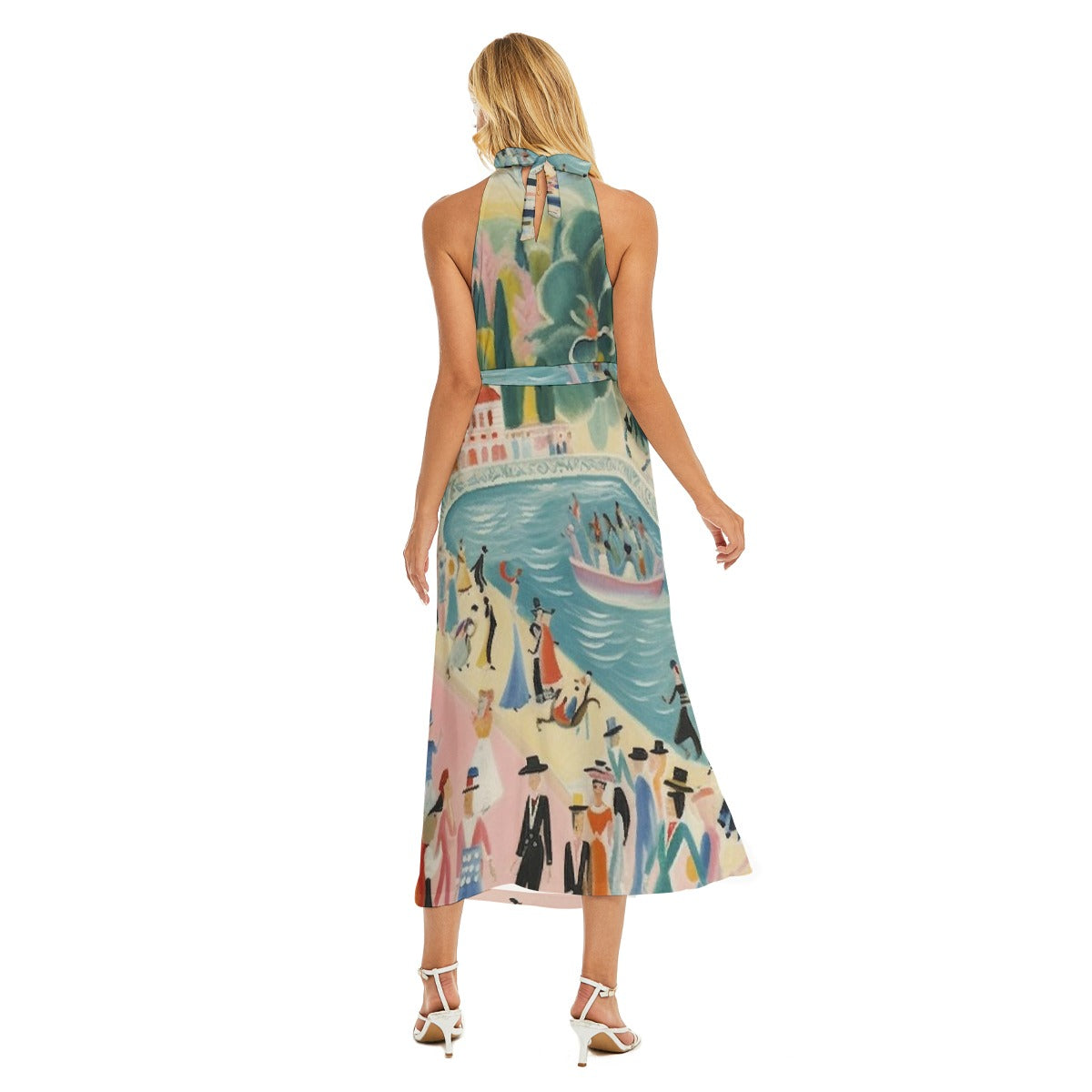 All-Over Print Women's Wrap Hem Belted Halter Dress