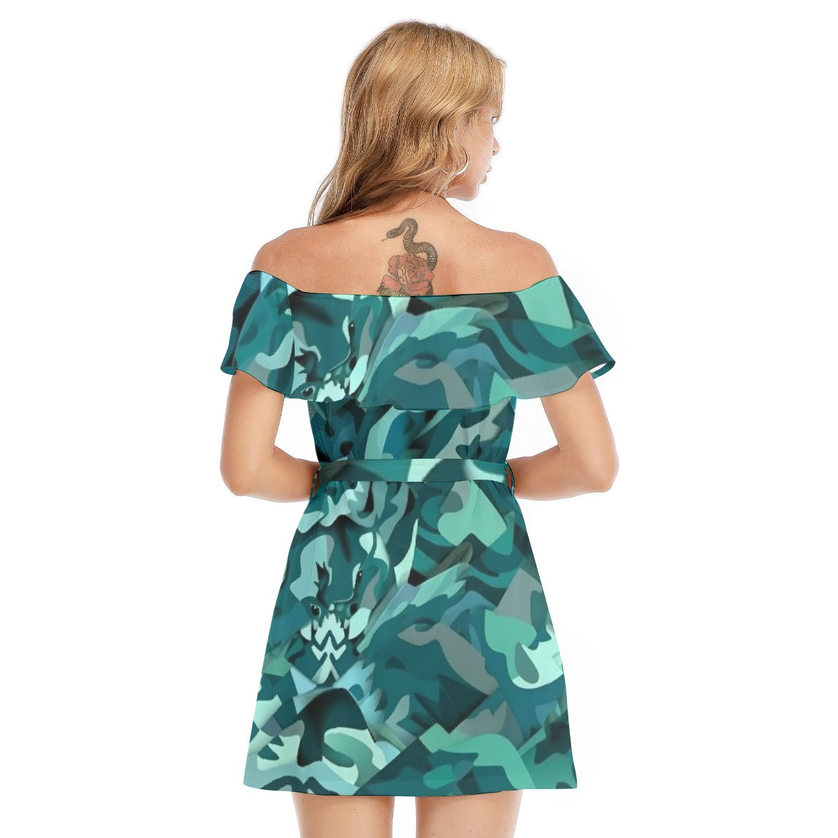 All-Over Print Women's Off-shoulder Dress With Ruffle