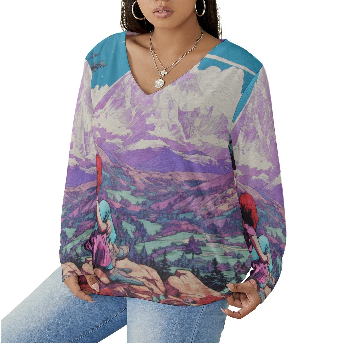 All-Over Print Women's V-neck T-shirt With Curved Hem(Plus Size)