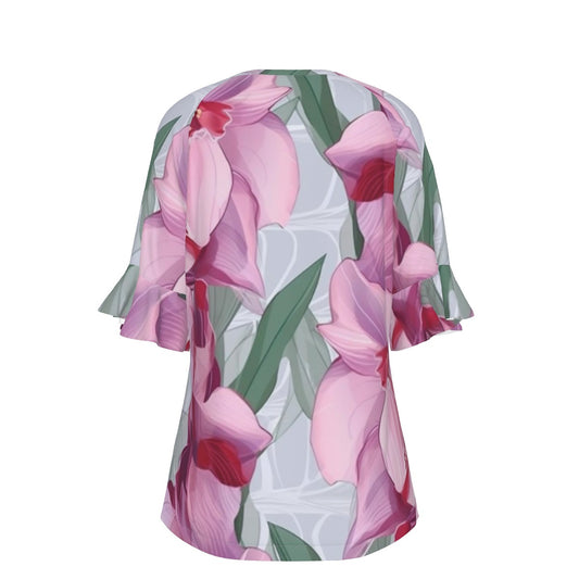 All-Over Print V-neck Women's T-shirt With Bell Sleeve