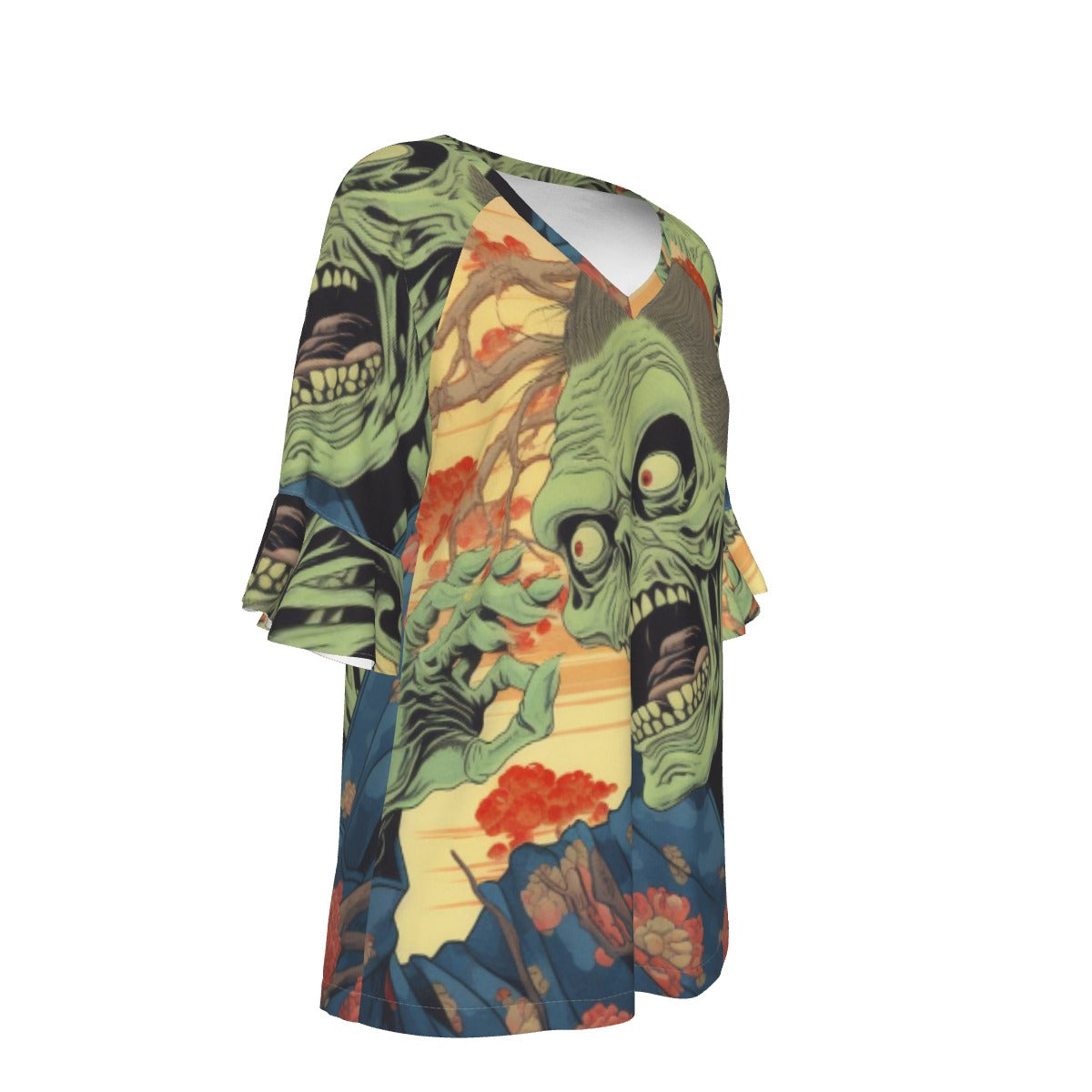 All-Over Print V-neck Women's T-shirt With Bell Sleeve