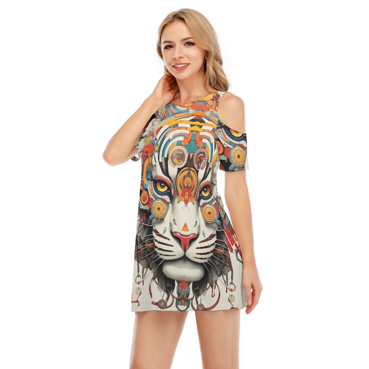 All-Over Print Women's Cold Shoulder Dress | 190GSM Cotton