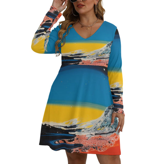 All-Over Print Women's V-neck Long Sleeve Dress(Plus Size)