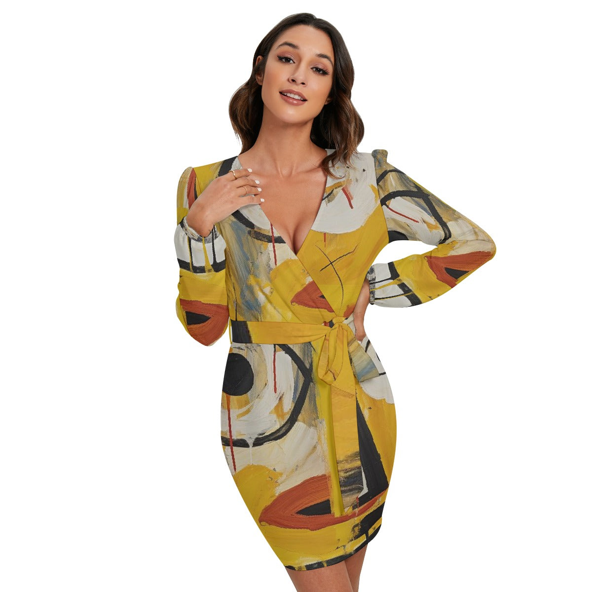 All-Over Print Women's Long Sleeve Dress With Waist Belt