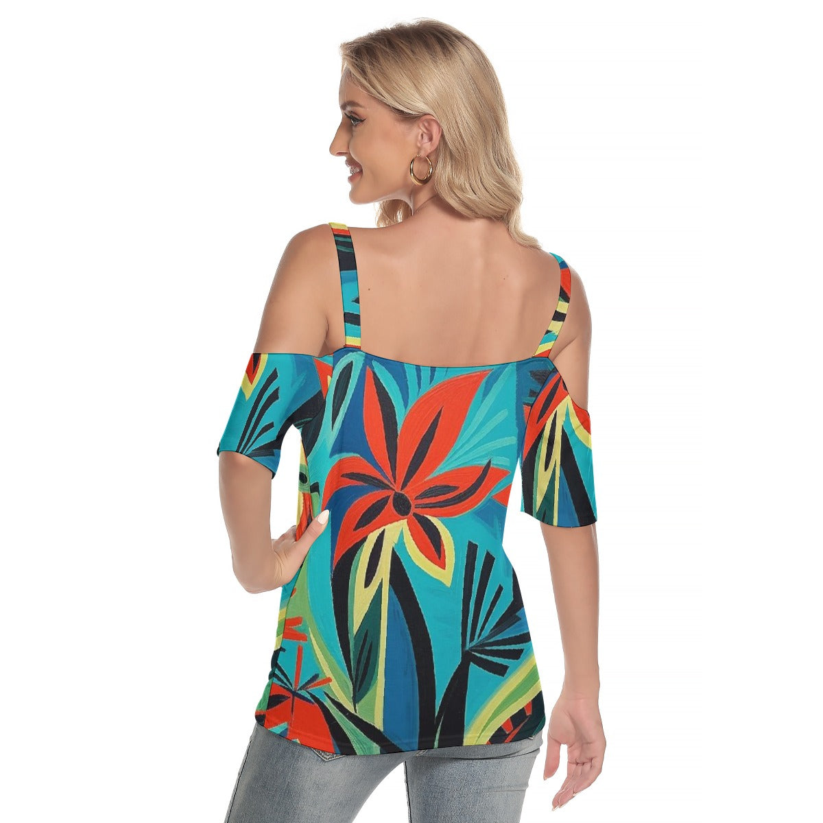 All-Over Print Women's Cold Shoulder T-shirt With Criss Cross Strips