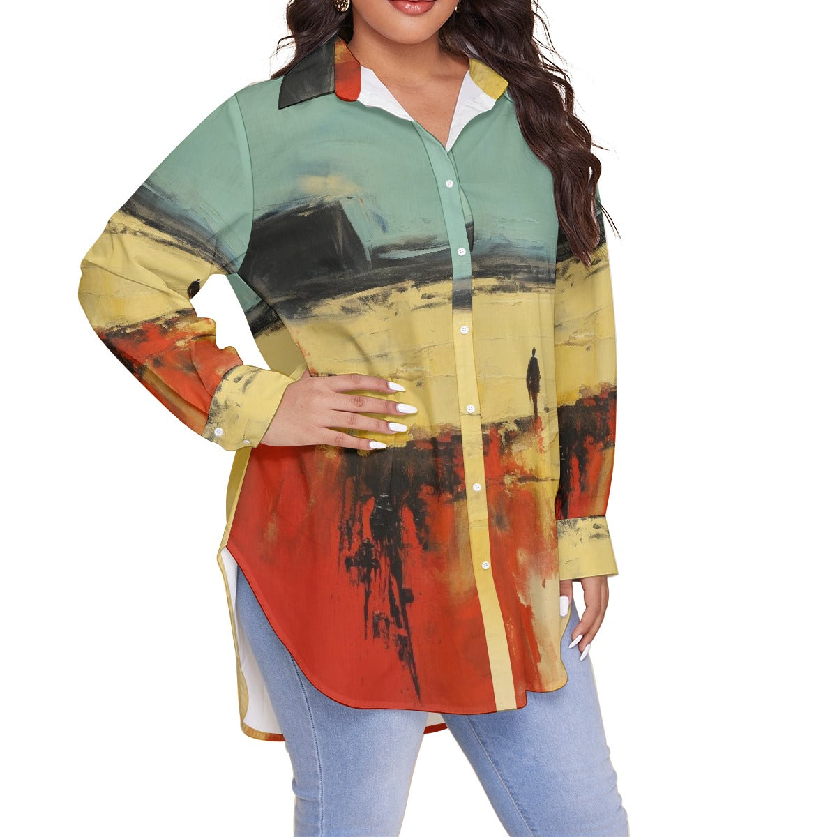 All-Over Print Women's Shirt With Long Sleeve(Plus Size)