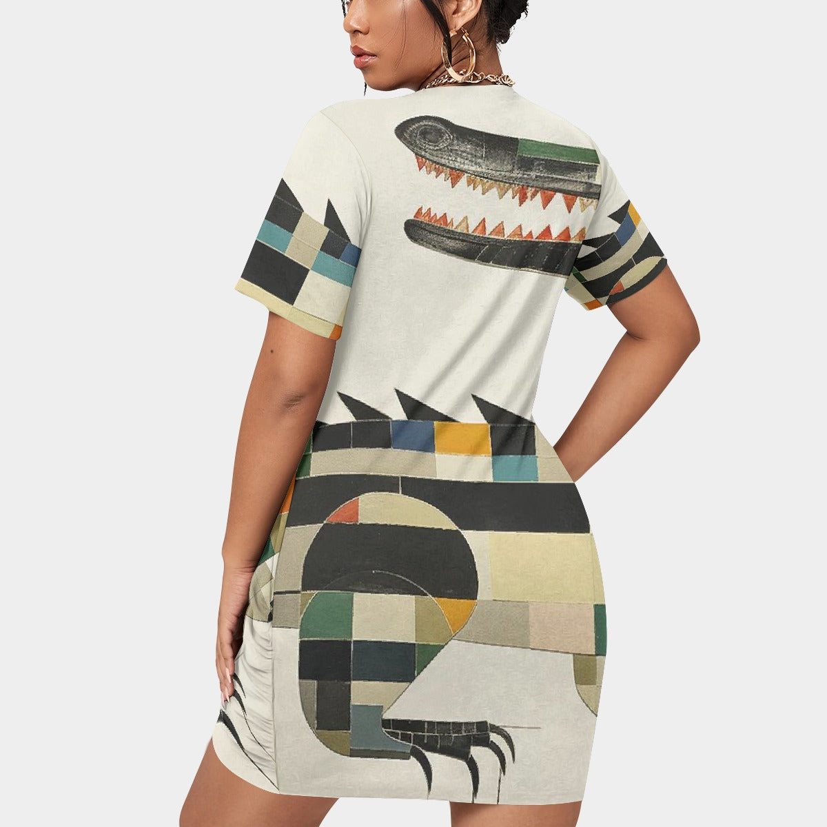 All-Over Print Women’s Stacked Hem Dress With Short Sleeve（Plus Size）