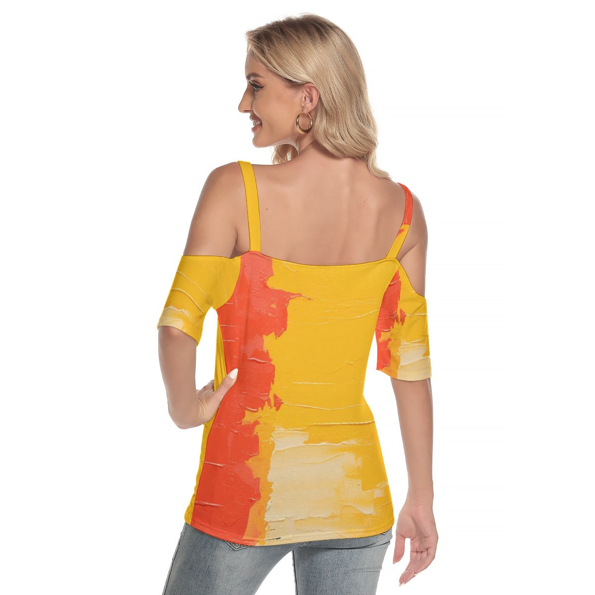 All-Over Print Women's Cold Shoulder T-shirt With Criss Cross Strips