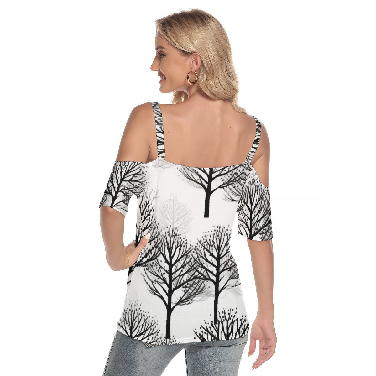 All-Over Print Women's Cold Shoulder T-shirt With Criss Cross Strips