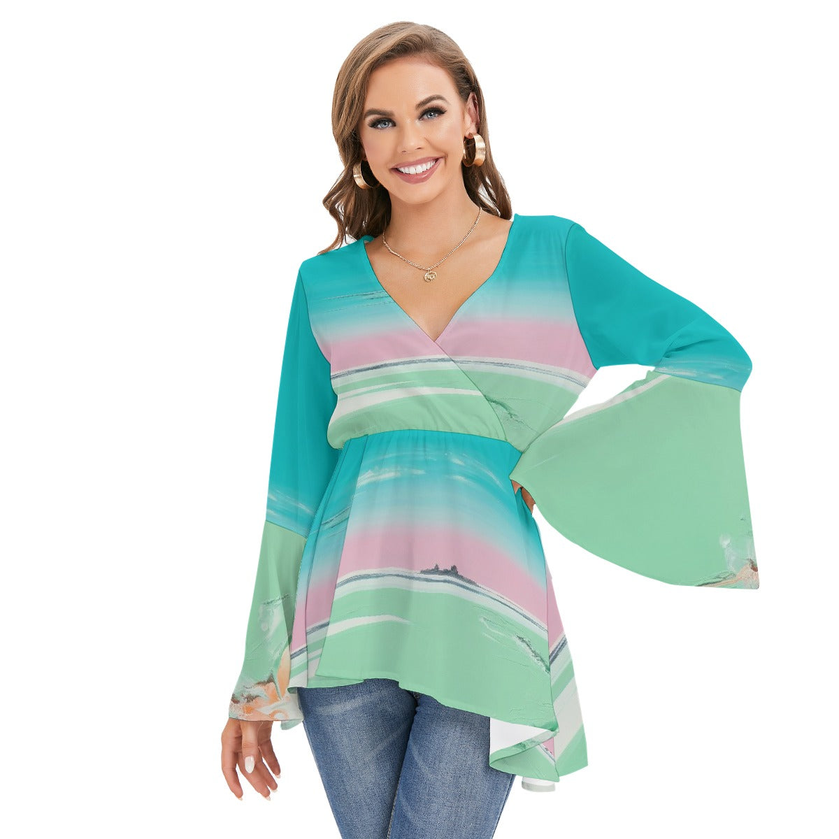 All-Over Print Women's V-neck Blouse With Flared Sleeves