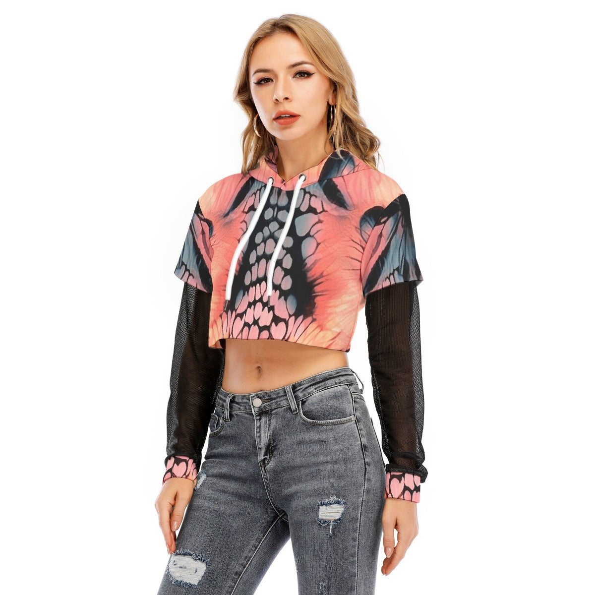 All-Over Print Women's Fake Two-piece Mesh Sleeve Cropped Hoodie