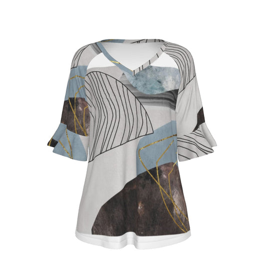 All-Over Print V-neck Women's T-shirt With Bell Sleeve