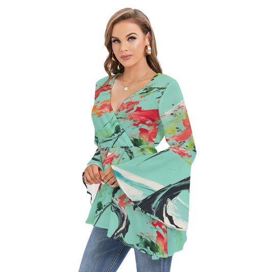 All-Over Print Women's V-neck Blouse With Flared Sleeves