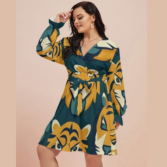 All-Over Print Women's V-neck Dress With Waistband(Plus Size)