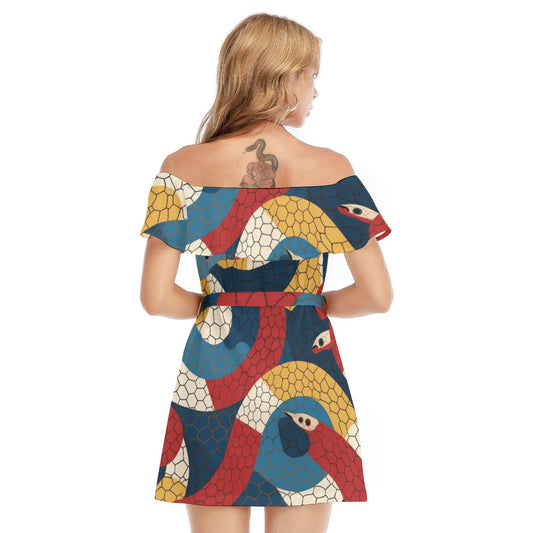 All-Over Print Women's Off-shoulder Dress With Ruffle