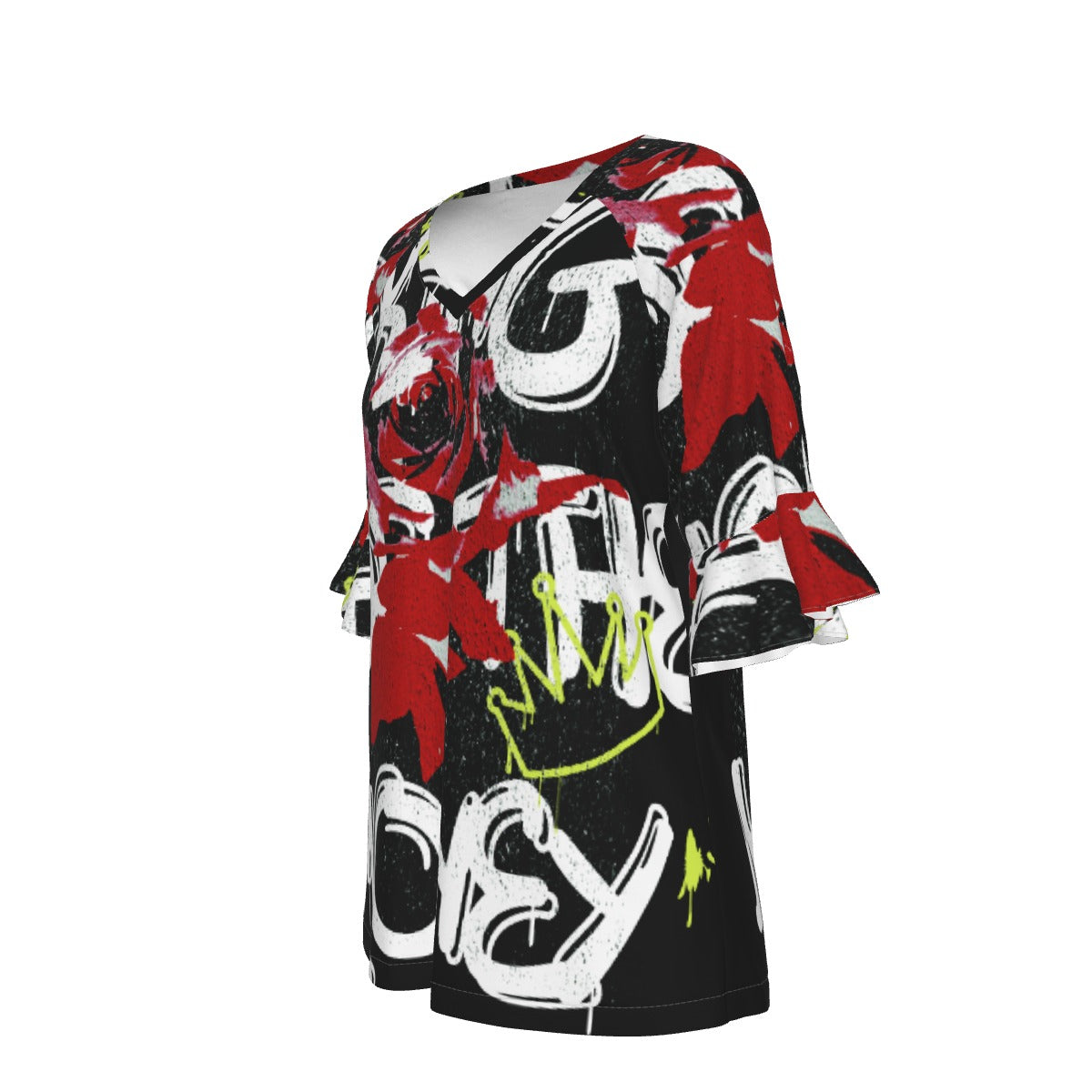 All-Over Print V-neck Women's T-shirt With Bell Sleeve