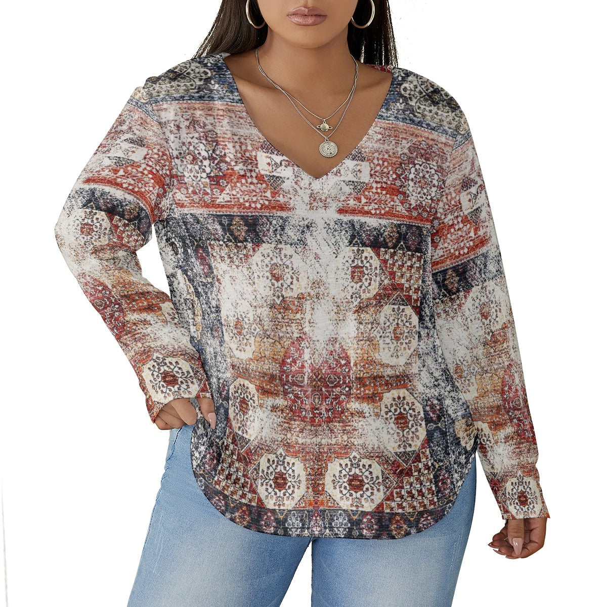 All-Over Print Women's V-neck T-shirt With Curved Hem(Plus Size)