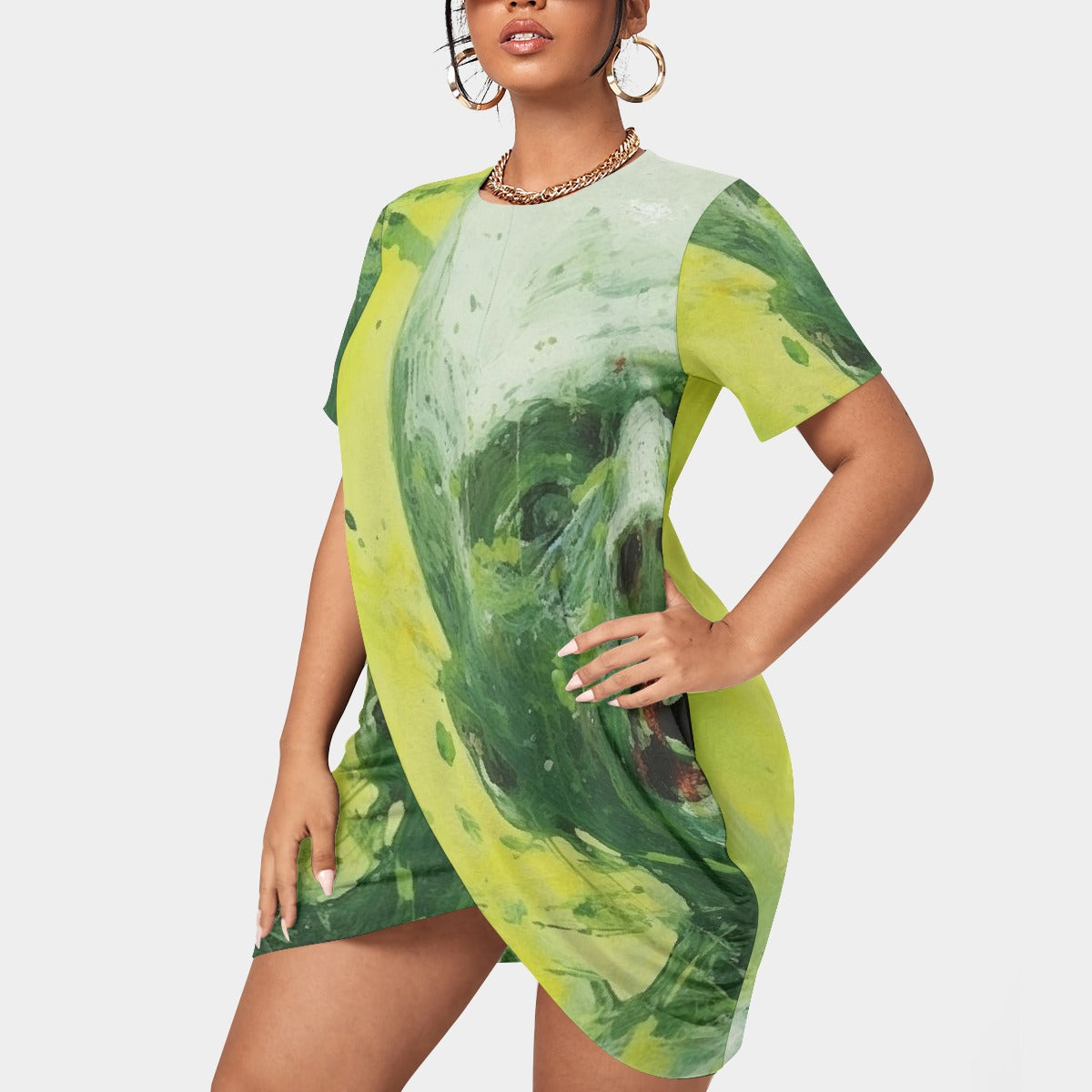 All-Over Print Women’s Stacked Hem Dress With Short Sleeve（Plus Size）