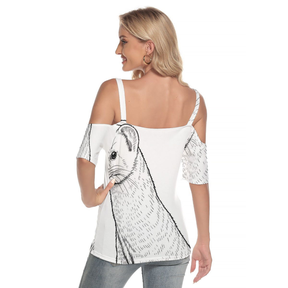 All-Over Print Women's Cold Shoulder T-shirt With Criss Cross Strips