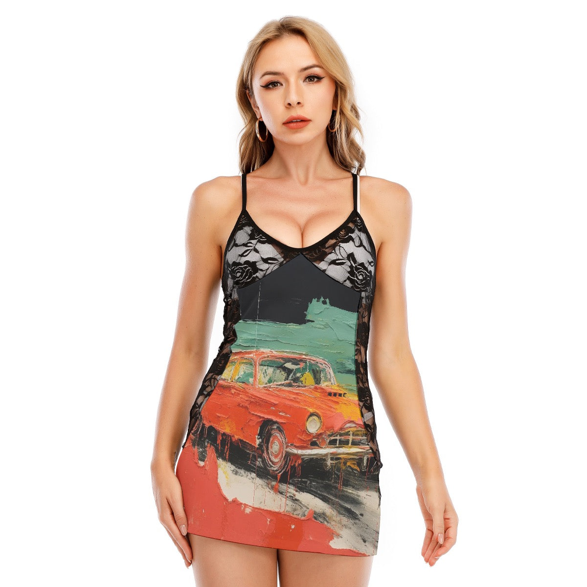 All-Over Print Women's Black Lace Cami Dress