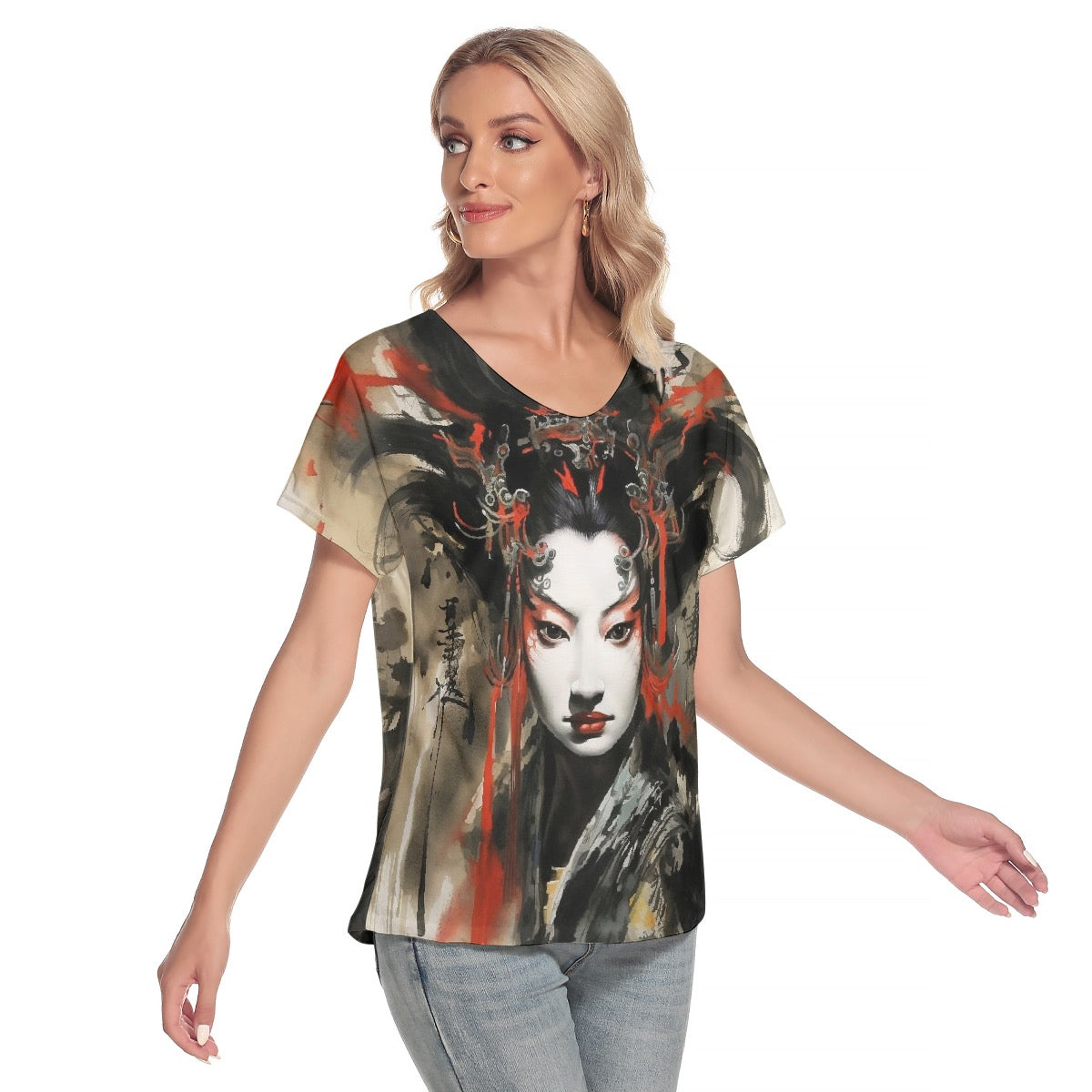 All-Over Print Women's Loose V-neck Short Sleeve T-shirt