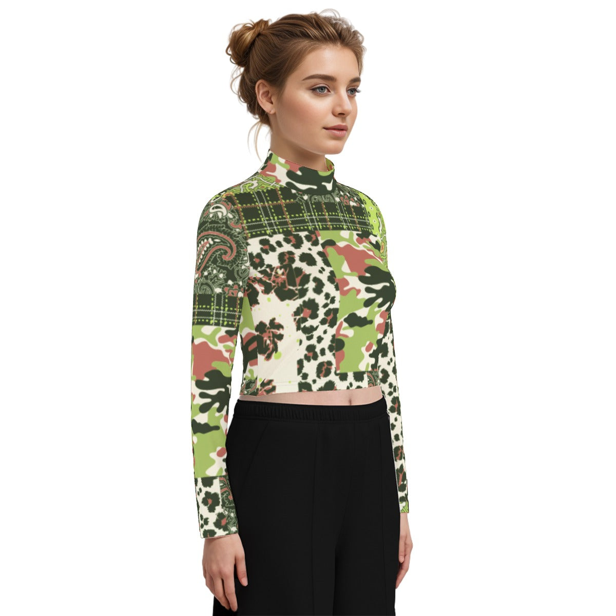 Eco-Friendly All-Over Print Women's Turtleneck T-shirt With Long Sleeve