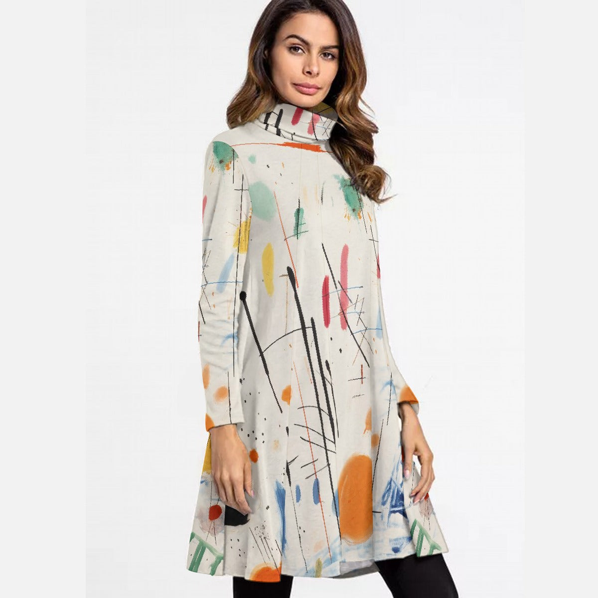 All-Over Print Women's High Neck Dress With Long Sleeve