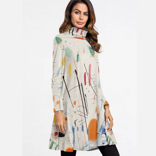 All-Over Print Women's High Neck Dress With Long Sleeve