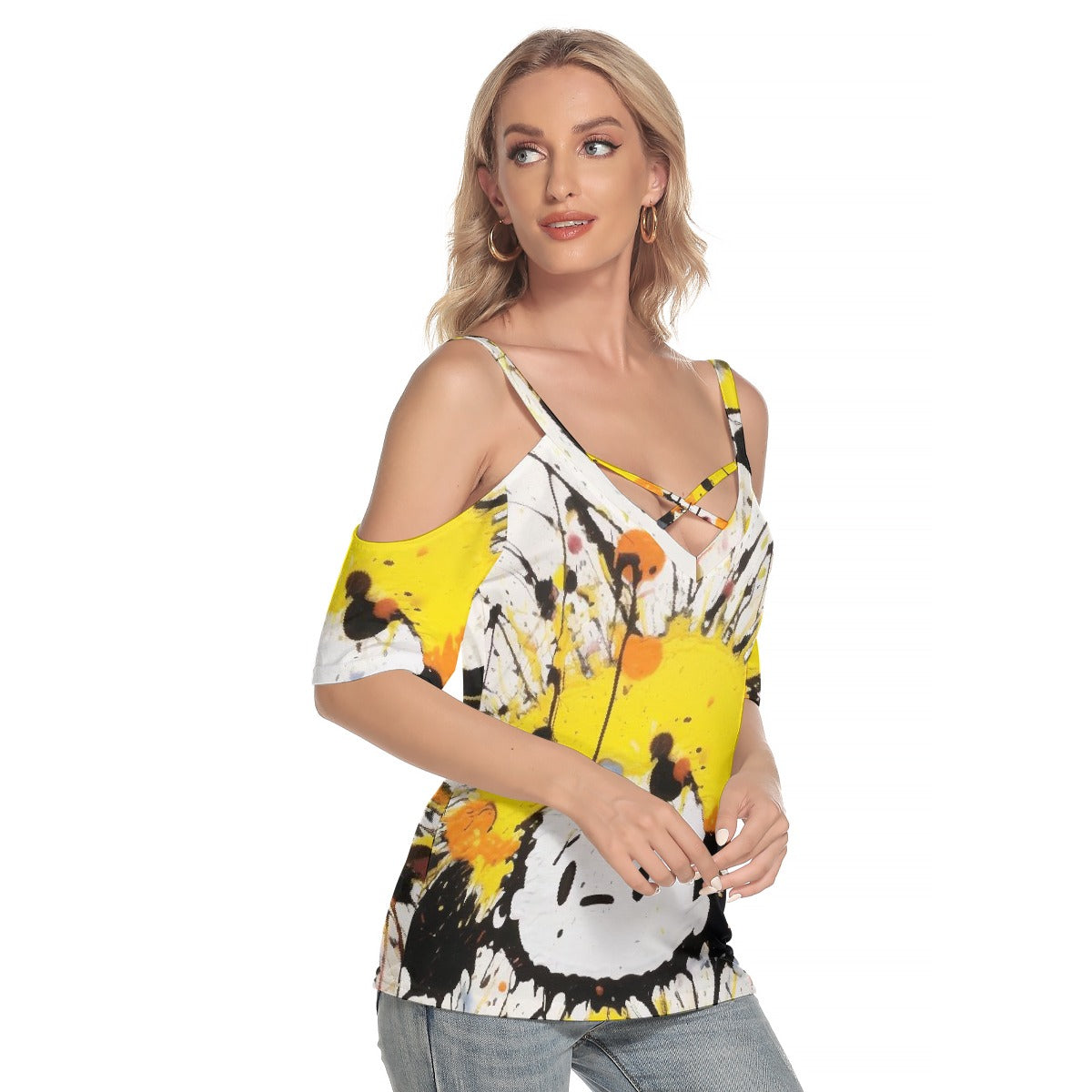 All-Over Print Women's Cold Shoulder T-shirt With Criss Cross Strips