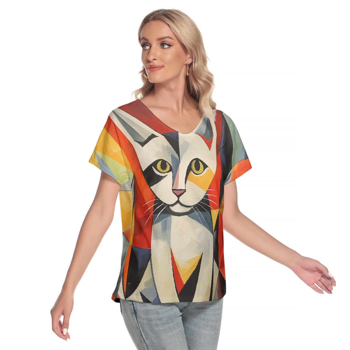 All-Over Print Women's Loose V-neck Short Sleeve T-shirt