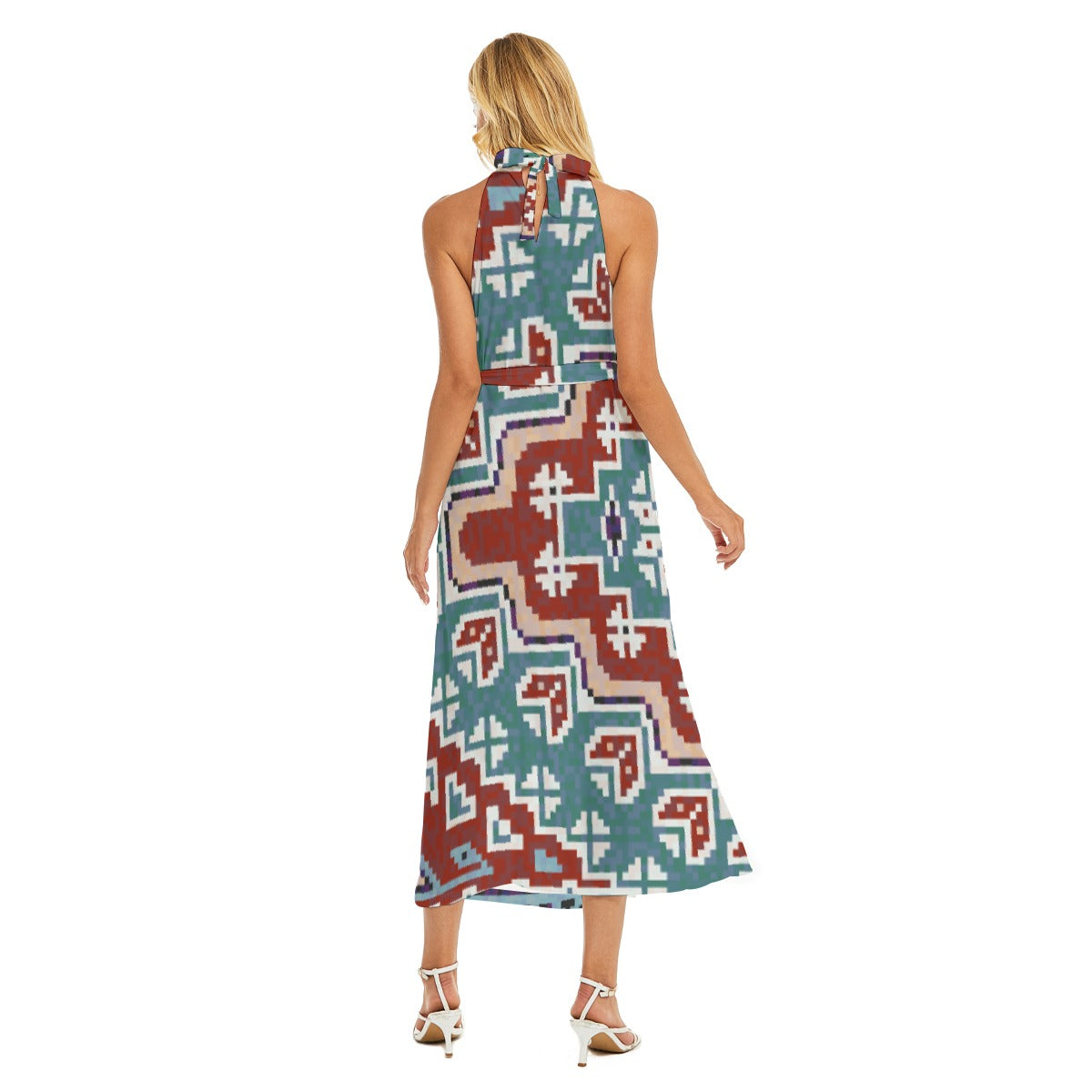 All-Over Print Women's Wrap Hem Belted Halter Dress