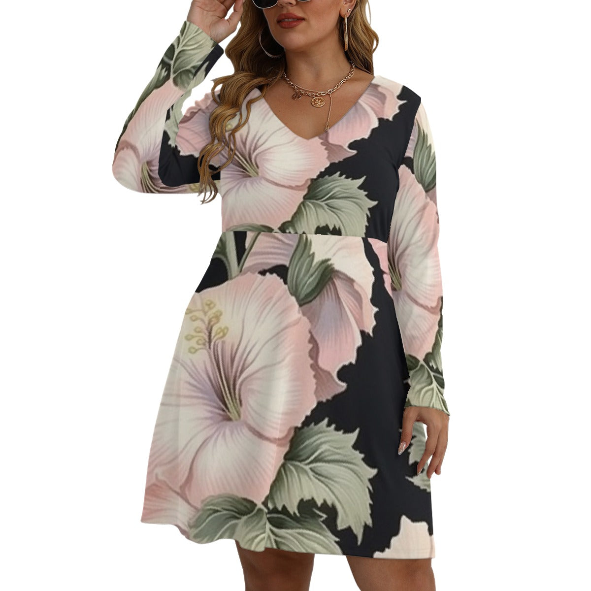 All-Over Print Women's V-neck Long Sleeve Dress(Plus Size)