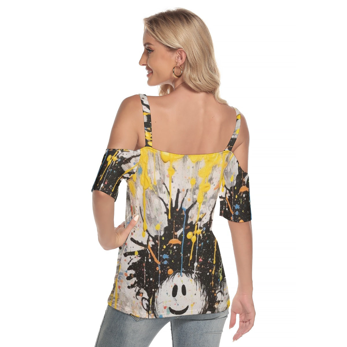 All-Over Print Women's Cold Shoulder T-shirt With Criss Cross Strips