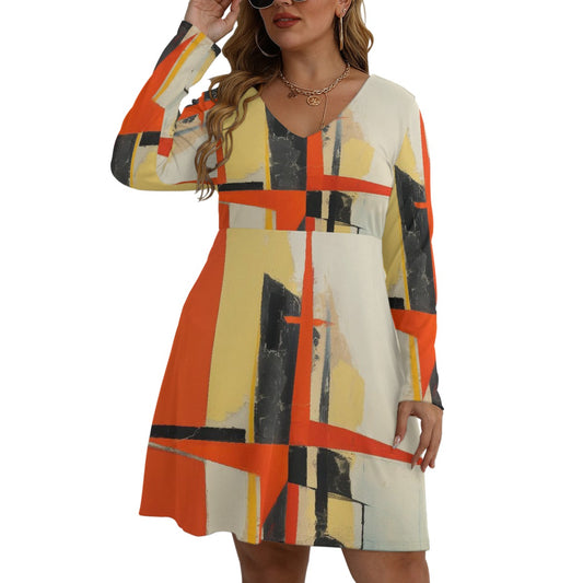 All-Over Print Women's V-neck Long Sleeve Dress(Plus Size)