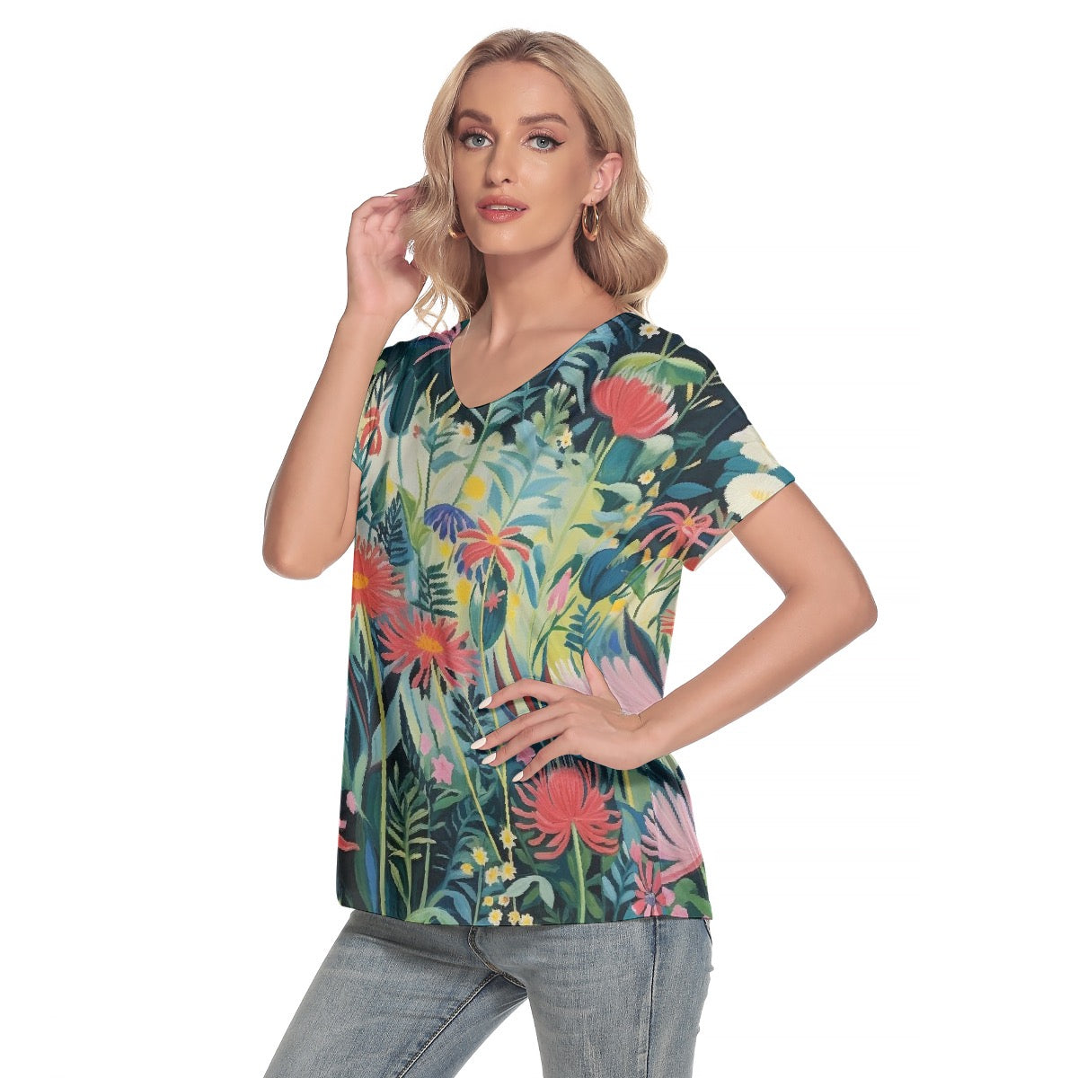 All-Over Print Women's Loose V-neck Short Sleeve T-shirt