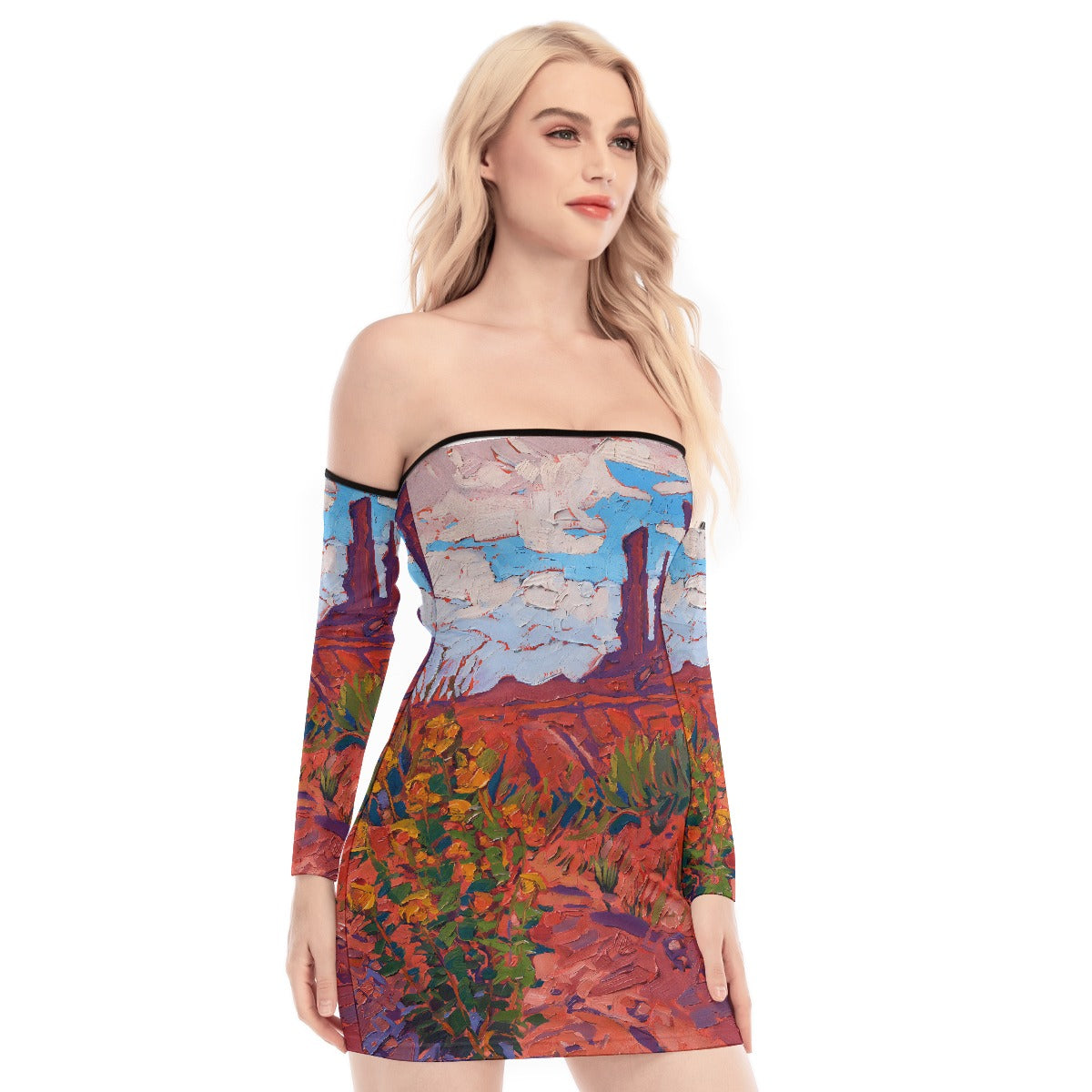 All-Over Print Women's Off-shoulder Back Lace-up Dress