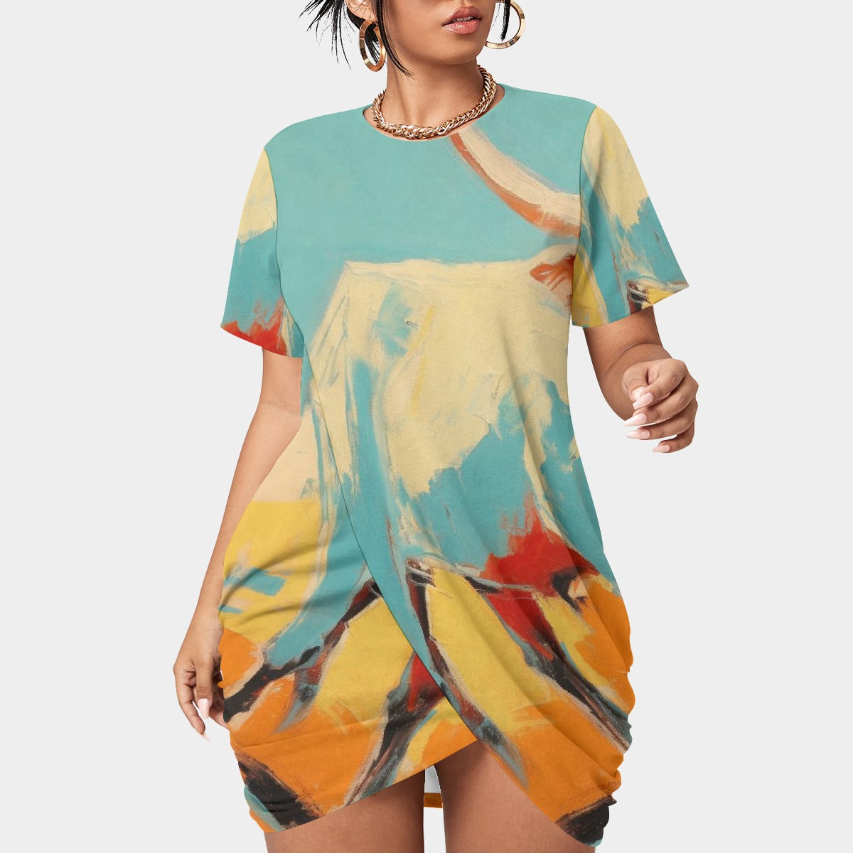 All-Over Print Women’s Stacked Hem Dress With Short Sleeve（Plus Size）