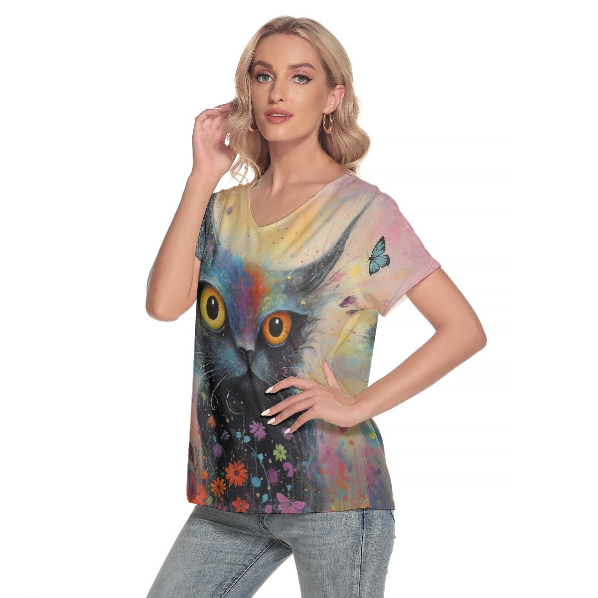 All-Over Print Women's Loose V-neck Short Sleeve T-shirt