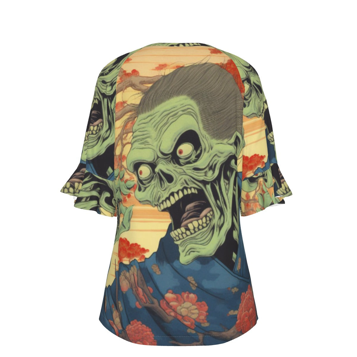 All-Over Print V-neck Women's T-shirt With Bell Sleeve