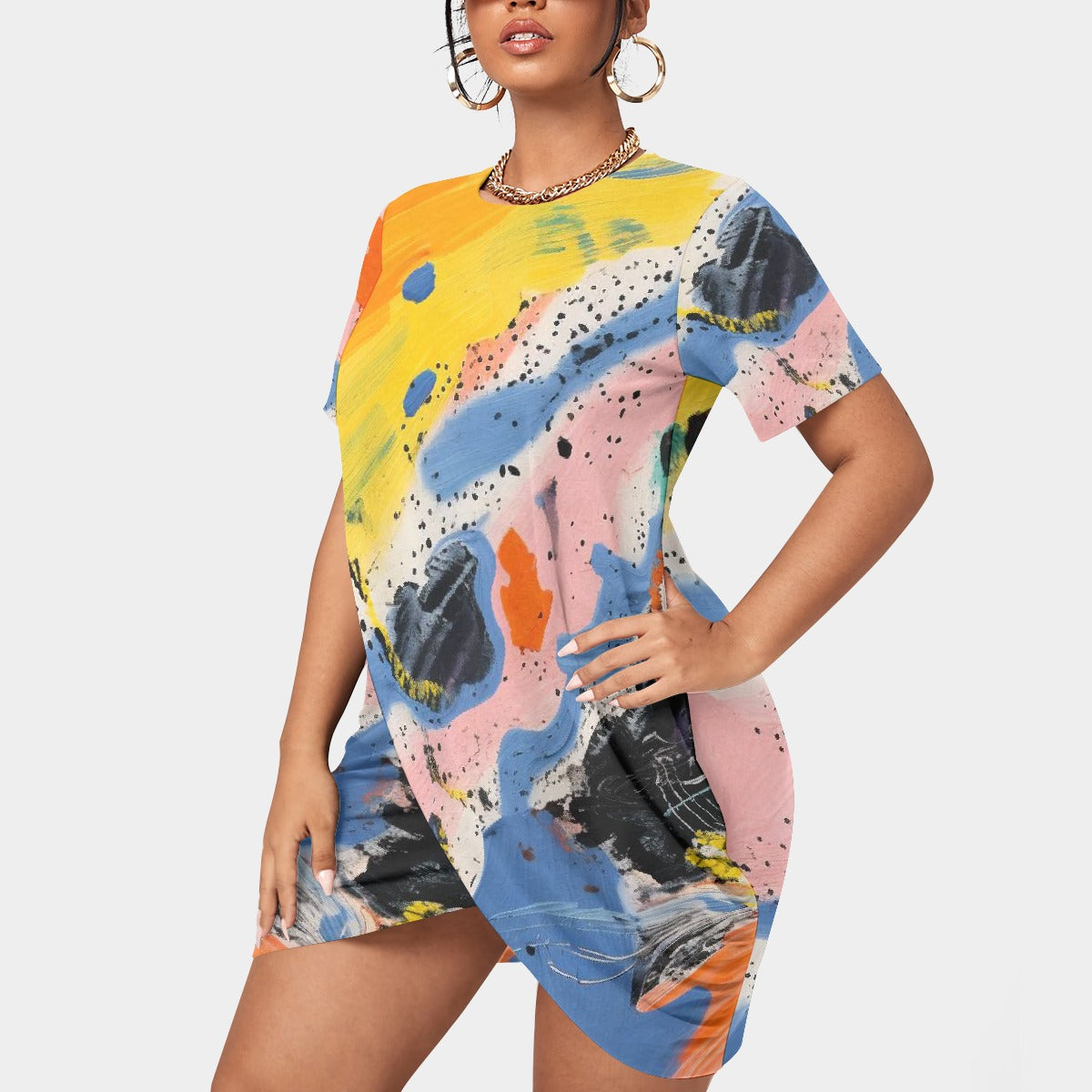 All-Over Print Women’s Stacked Hem Dress With Short Sleeve（Plus Size）