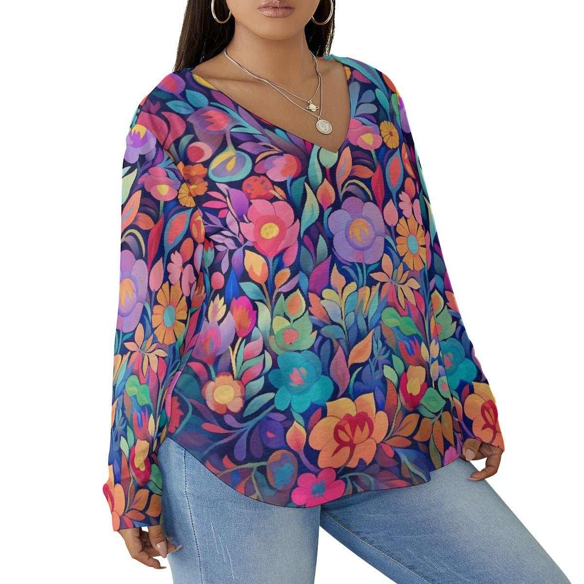 All-Over Print Women's V-neck T-shirt With Curved Hem(Plus Size)