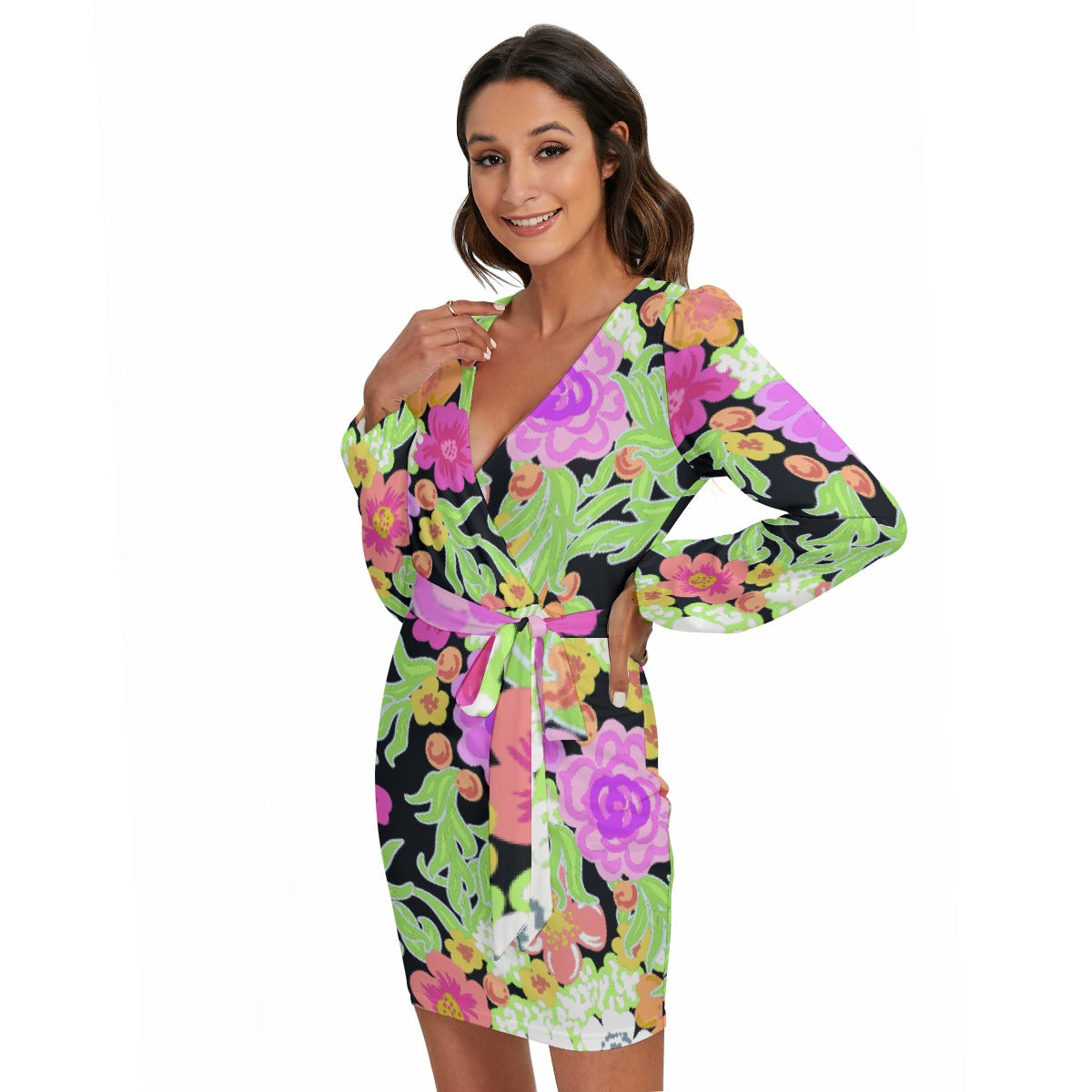 All-Over Print Women's Long Sleeve Dress With Waist Belt