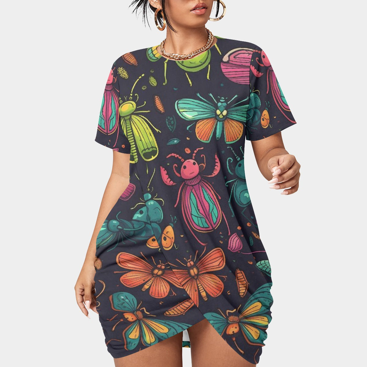 All-Over Print Women’s Stacked Hem Dress With Short Sleeve（Plus Size）