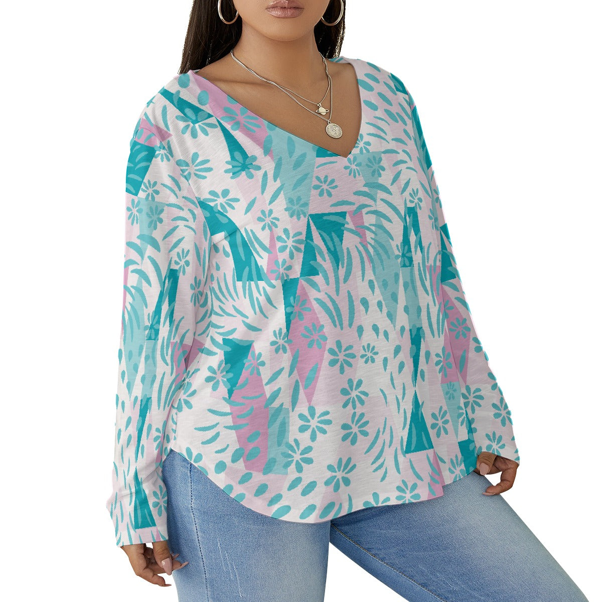 All-Over Print Women's V-neck T-shirt With Curved Hem(Plus Size)